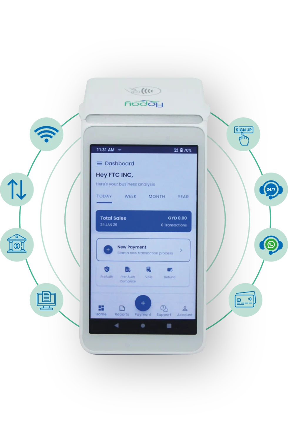 FloPay payment terminal showing the merchant dashboard